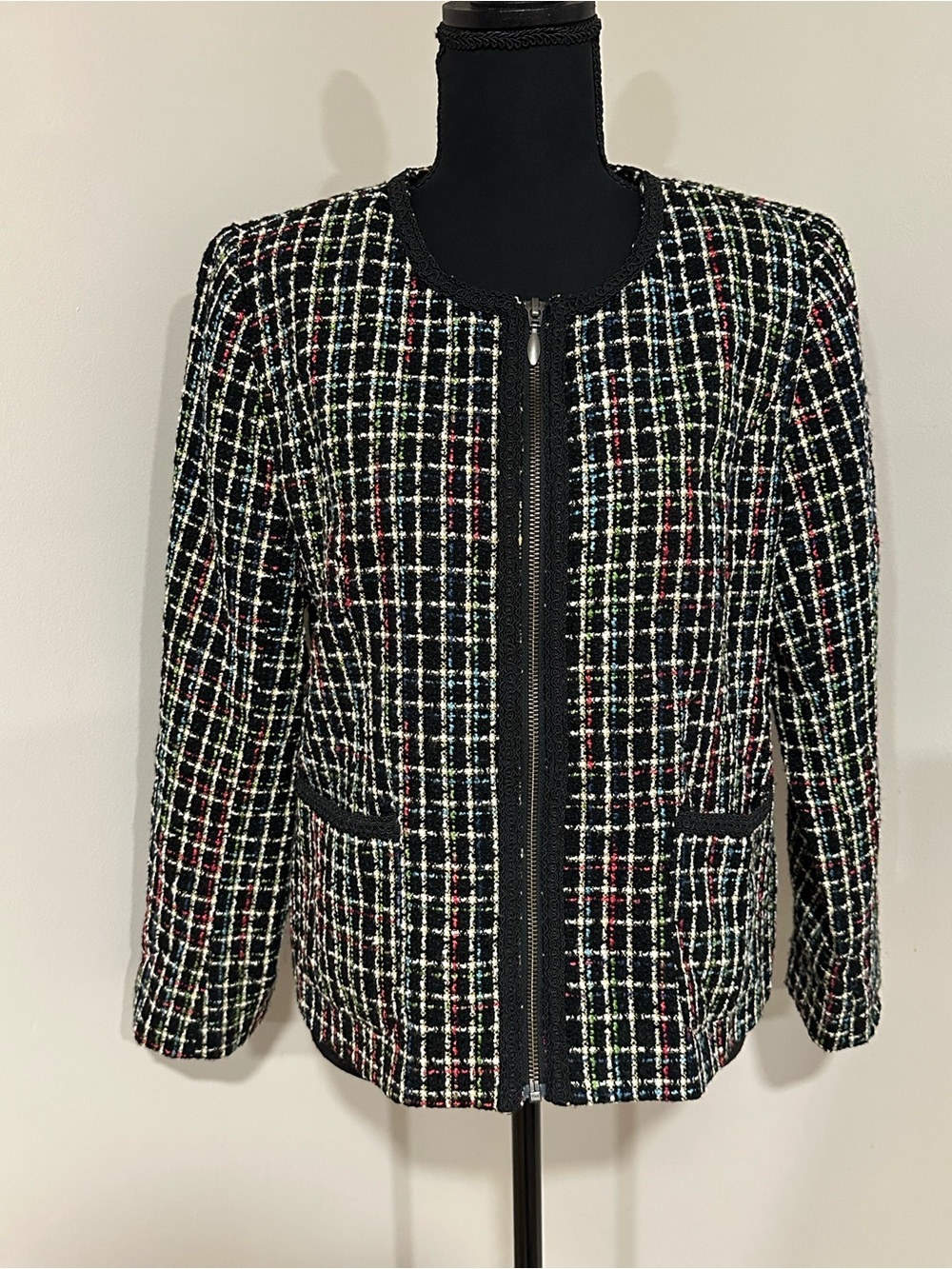 *KORET* Petite Black x Multicolor Tweed Zip-Front Jacket Size 12P